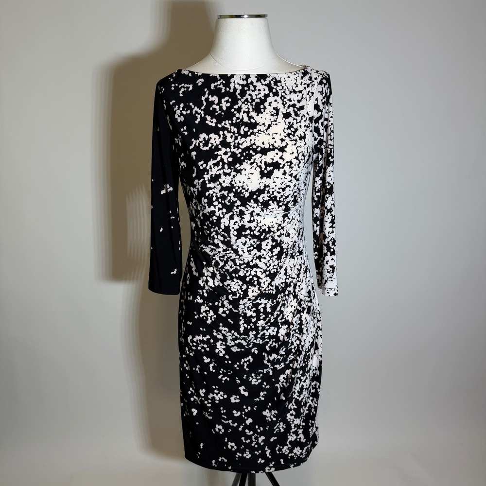 Lauren Ralph Lauren LRL Black White Abstract Ruched Sheath Dress Size 6 Stretch